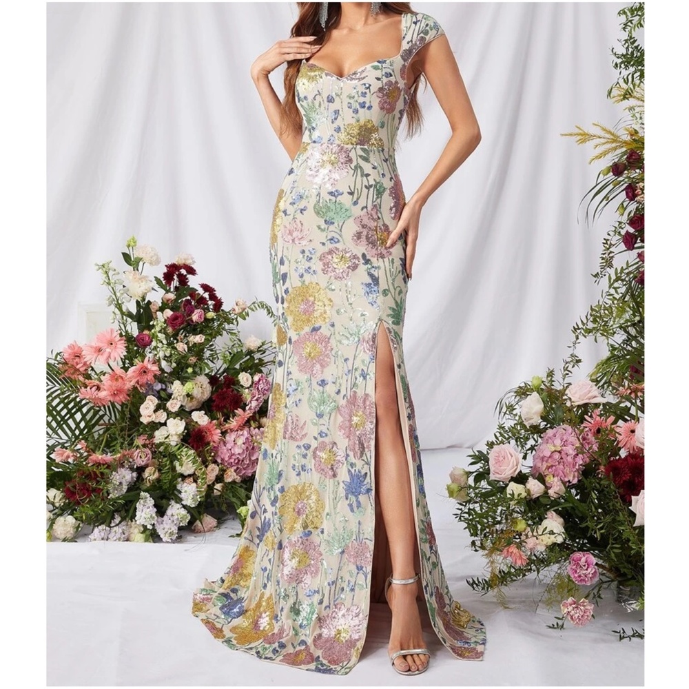 Luxe Floral Sequin Mermaid Hem Wedding Evening Formal Dress - Picture 2 of 9